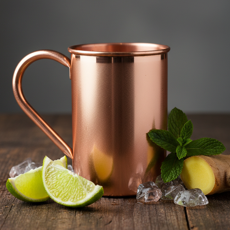 Solid copper mug with lime wedges and mint leaves on a wooden surface