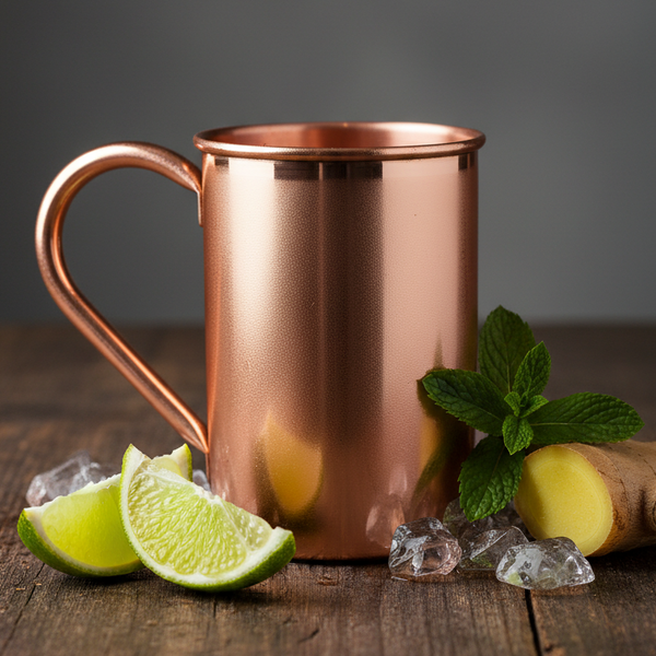 Solid copper mug with lime wedges and mint leaves on a wooden surface