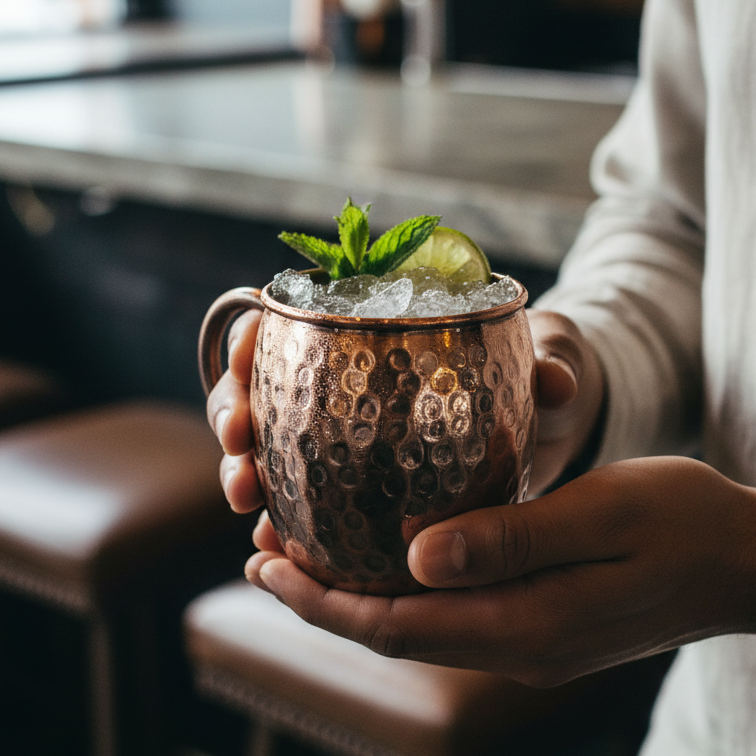 Copper mug with a cocktail garnished with lime and mint, held by a person in a bar setting.