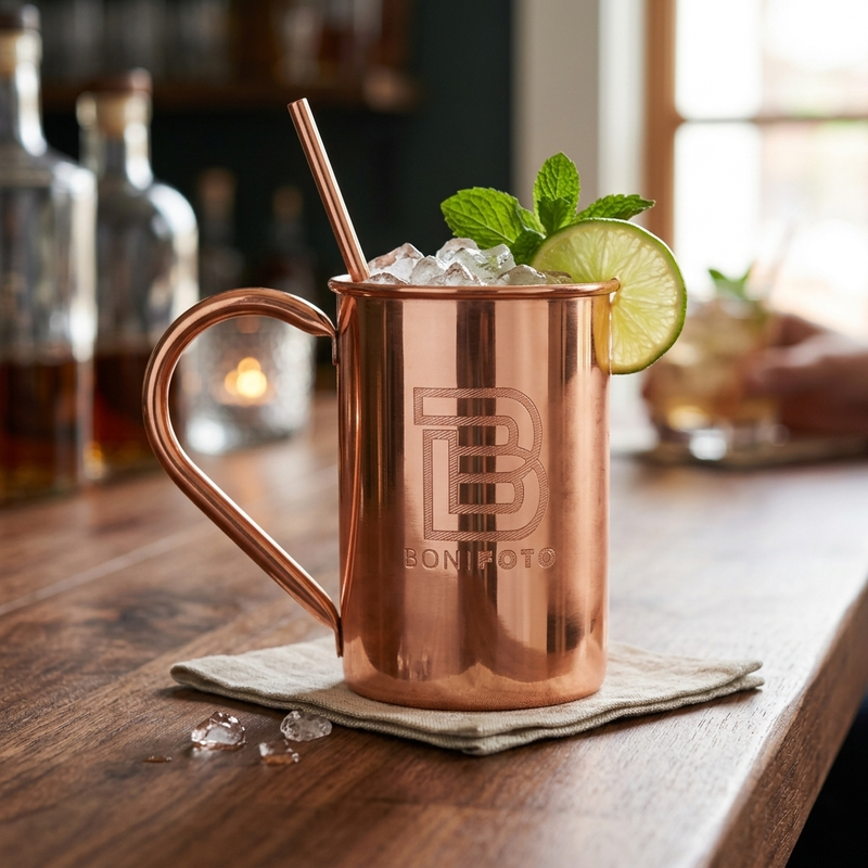 A copper Moscow mule mug with a handle sits on a wooden bar. The mug is engraved with a large letter B and the text BON PHOTO.