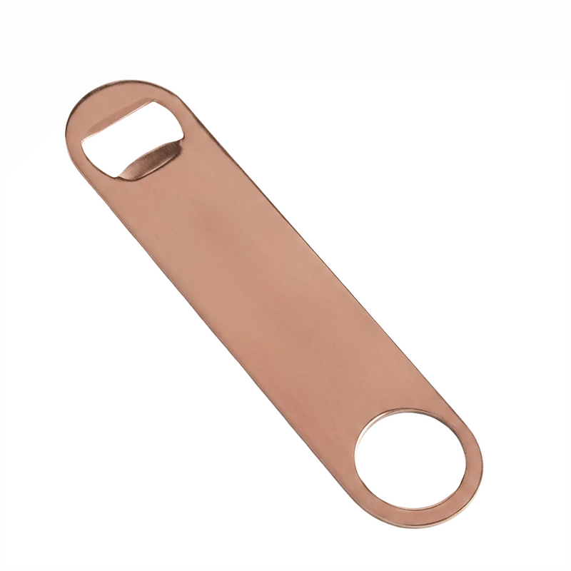 A minimalist bottle opener made of copper plated stainless steel, shown diagonally on a clean white background.