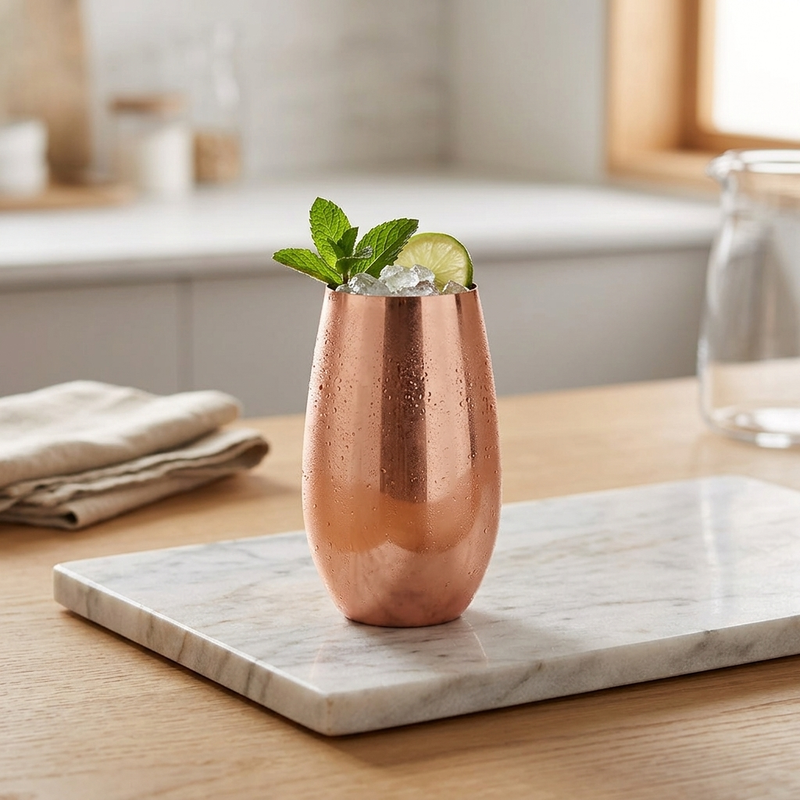 A copper champagne flute filled with ice, garnished with mint leaves and a lime wheel.