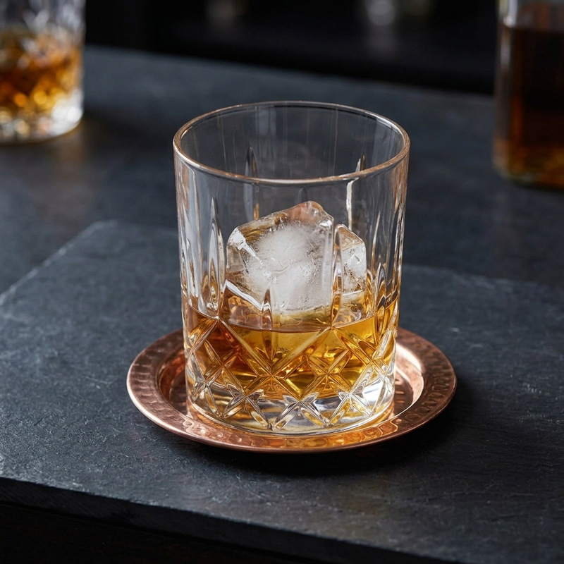 A clear cut-glass rocks tumbler with an ice cube and amber liquor, resting on a round hammered copper coaster on a dark slate surface.