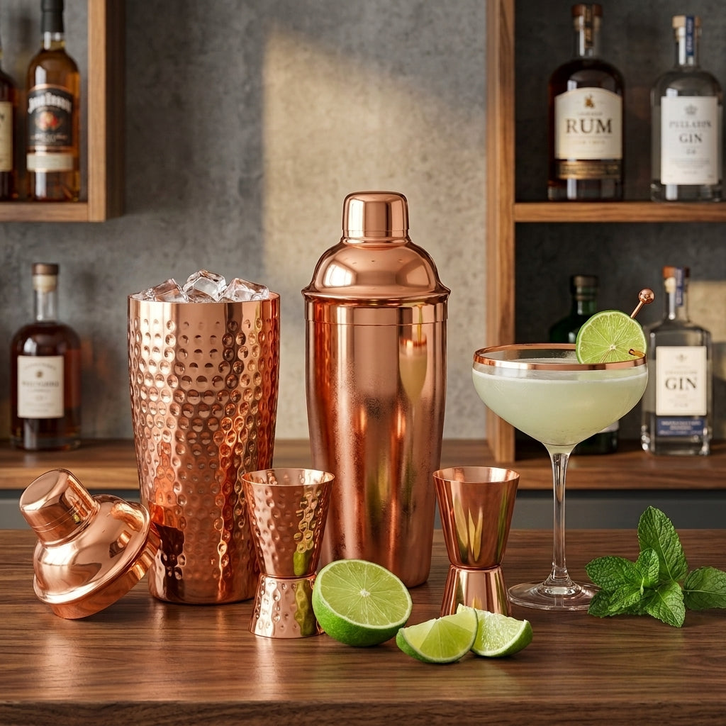 A copper cocktail shaker set arranged on a wooden bar counter, including aa smooth and hammered shaker with limes and a margarita in a coupe glass. 