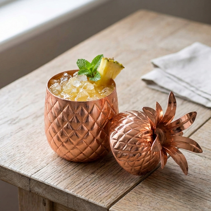 A copper pineapple-shaped cocktail holder or cup sits on a rustic wooden table, partly filled with a drink and garnished with mint and a pineapple wedge, with the matching copper pineapple lid resting beside it.