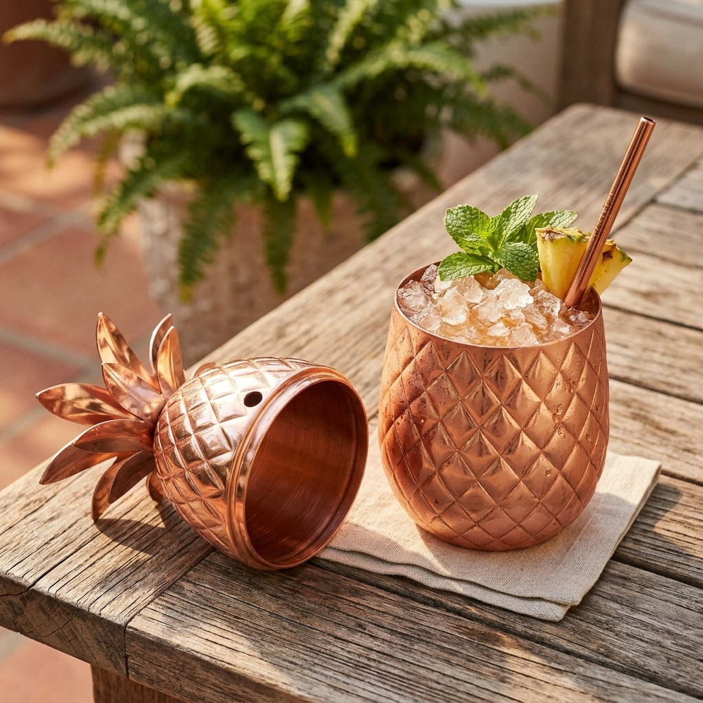 A copper pineapple-shaped cocktail cup with a lid sits on a rustic wooden table outdoors, next to a filled cocktail with crushed ice, mint, and a straw.