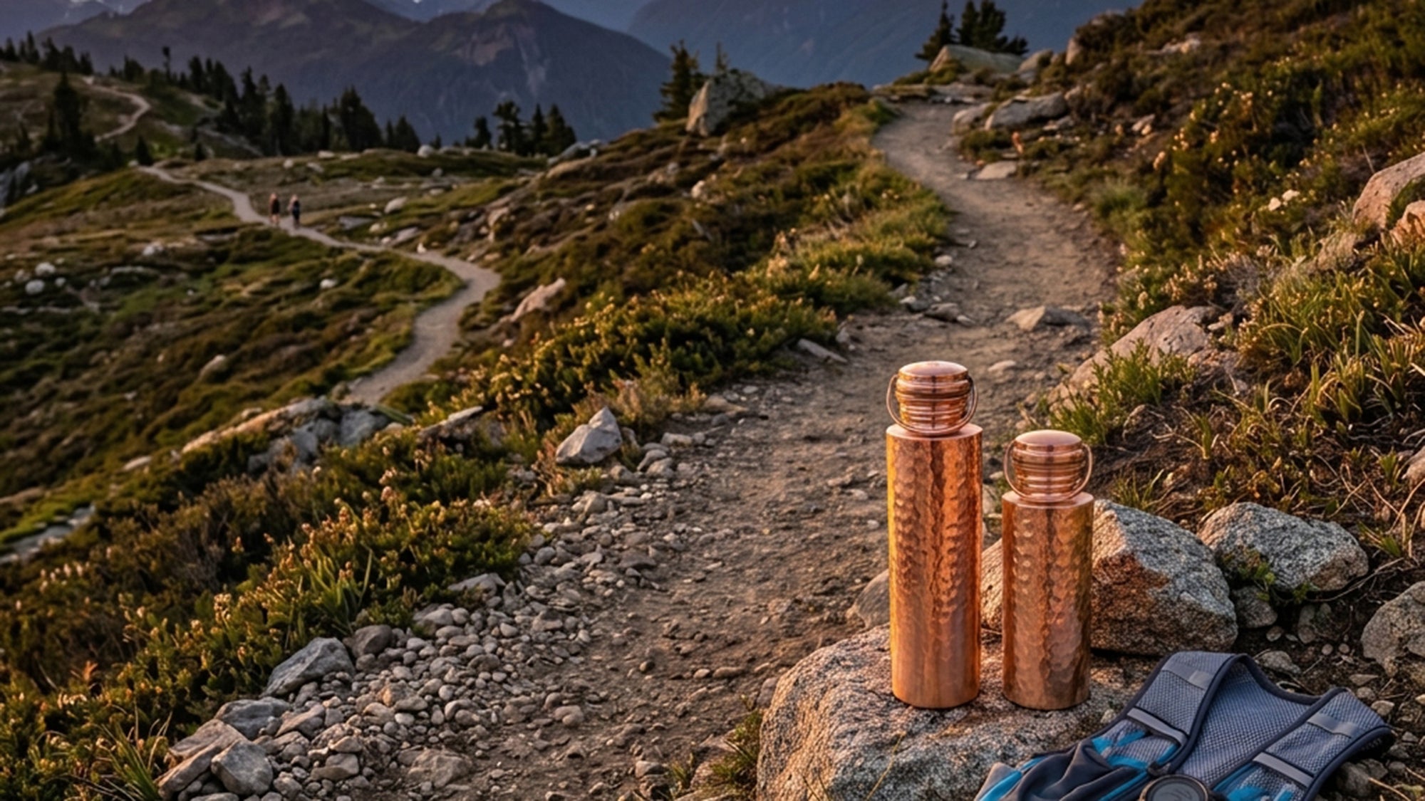 Two copper water bottles on a rocky mountain trail with mountains in the background