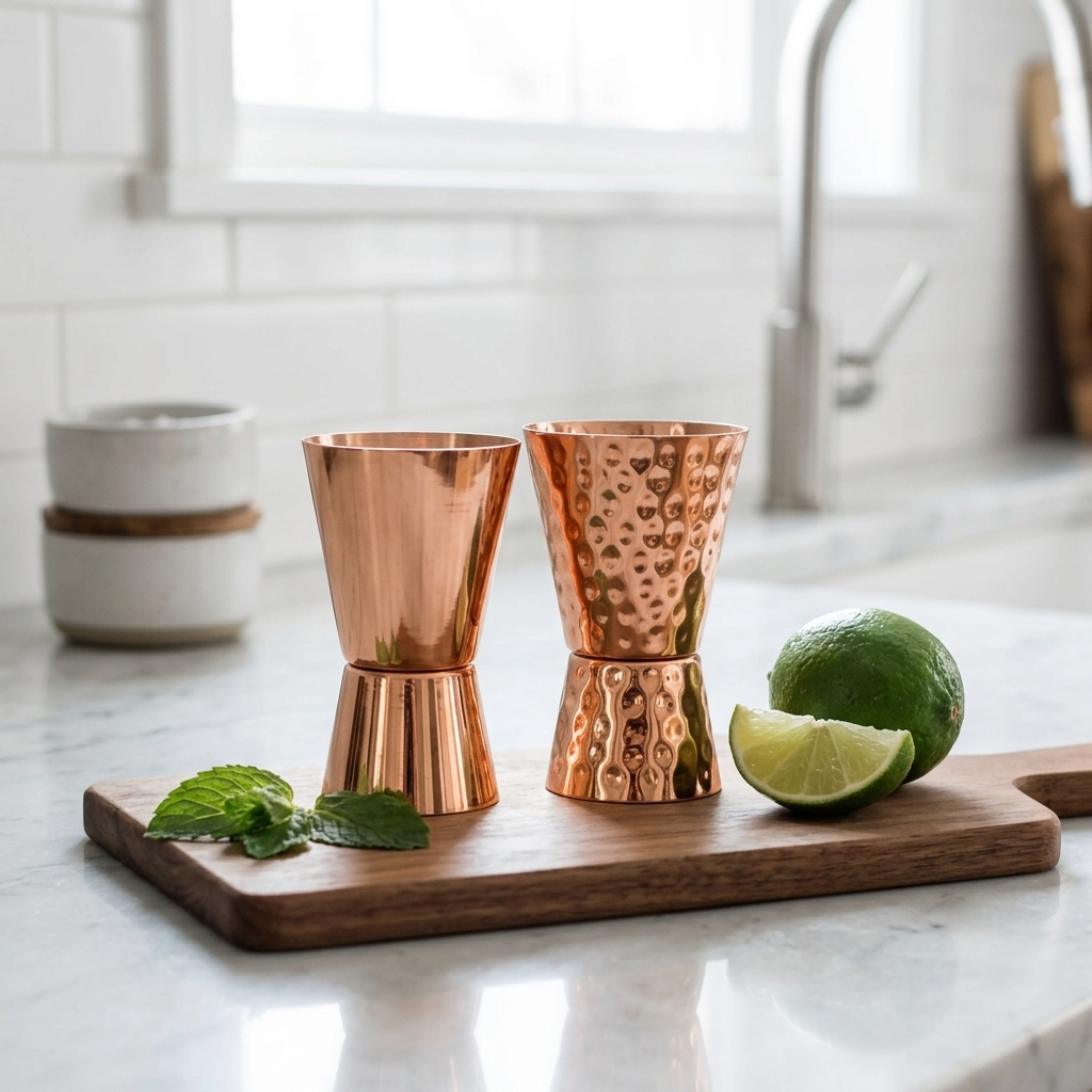 Two copper jiggers, one smooth and one hammered, displayed on a wooden cutting board with limes and mint in a bright kitchen setting.