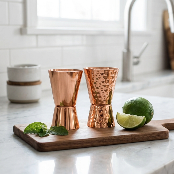 Two copper jiggers, one smooth and one hammered, displayed on a wooden cutting board with limes and mint in a bright kitchen setting.