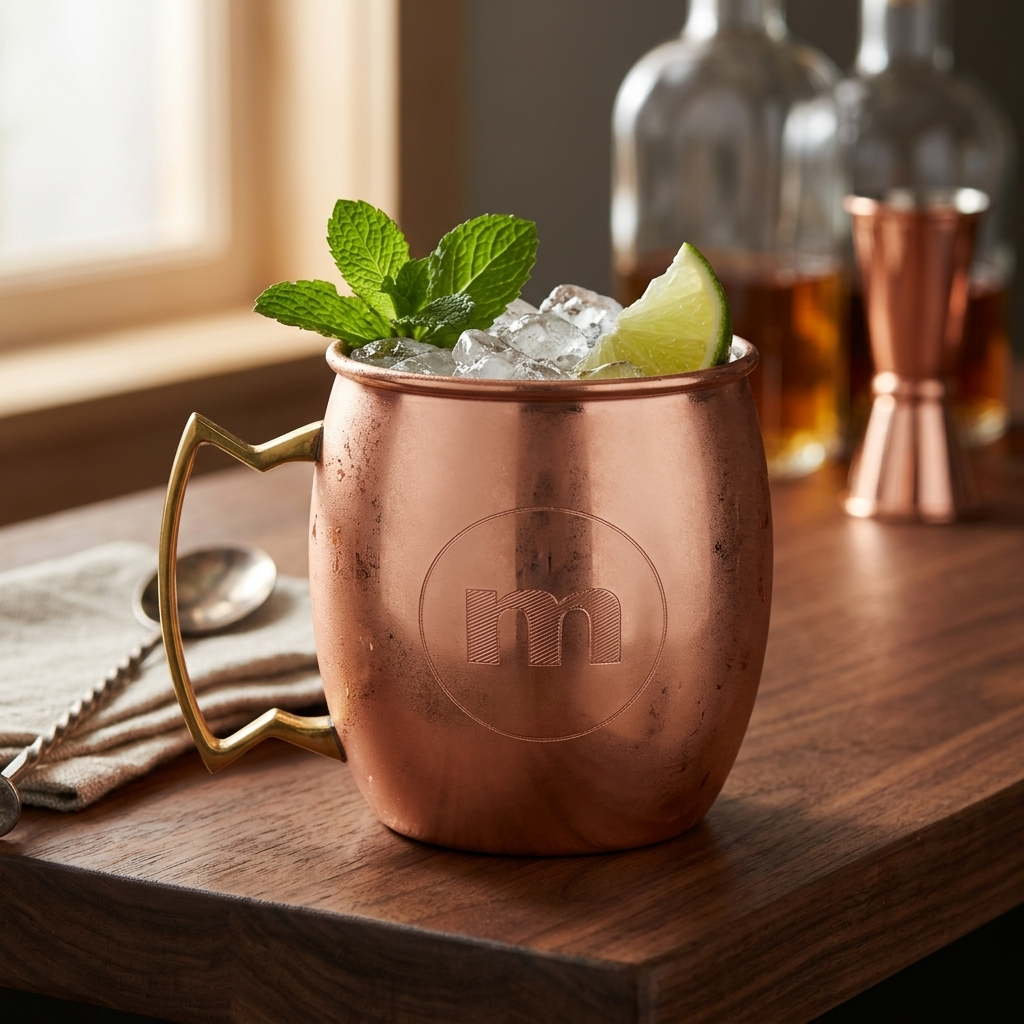 A copper Moscow mule mug with a gold-toned handle and engraved monogram, filled with ice, mint leaves, and a lime wedge on a wooden bar surface with bottles in the background.