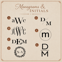 A beige graphic titled 'Monograms & Initials' showing several letter monogram design options labeled A through G, including stylized text and symbol arrangements for engraving on a copper mug.