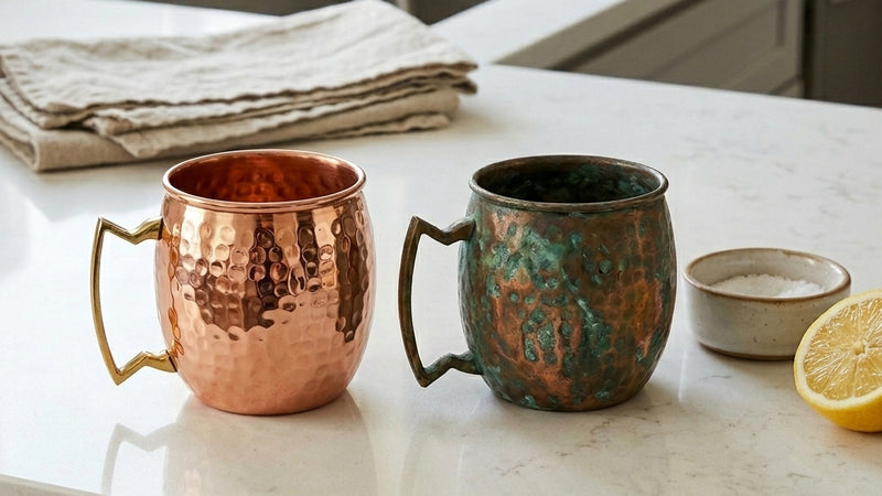 Two copper mugs on a marble countertop with a lemon and small bowl in the background.