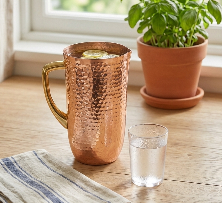 A hammered copper pitcher with a gold-toned handle sits on a wooden table.