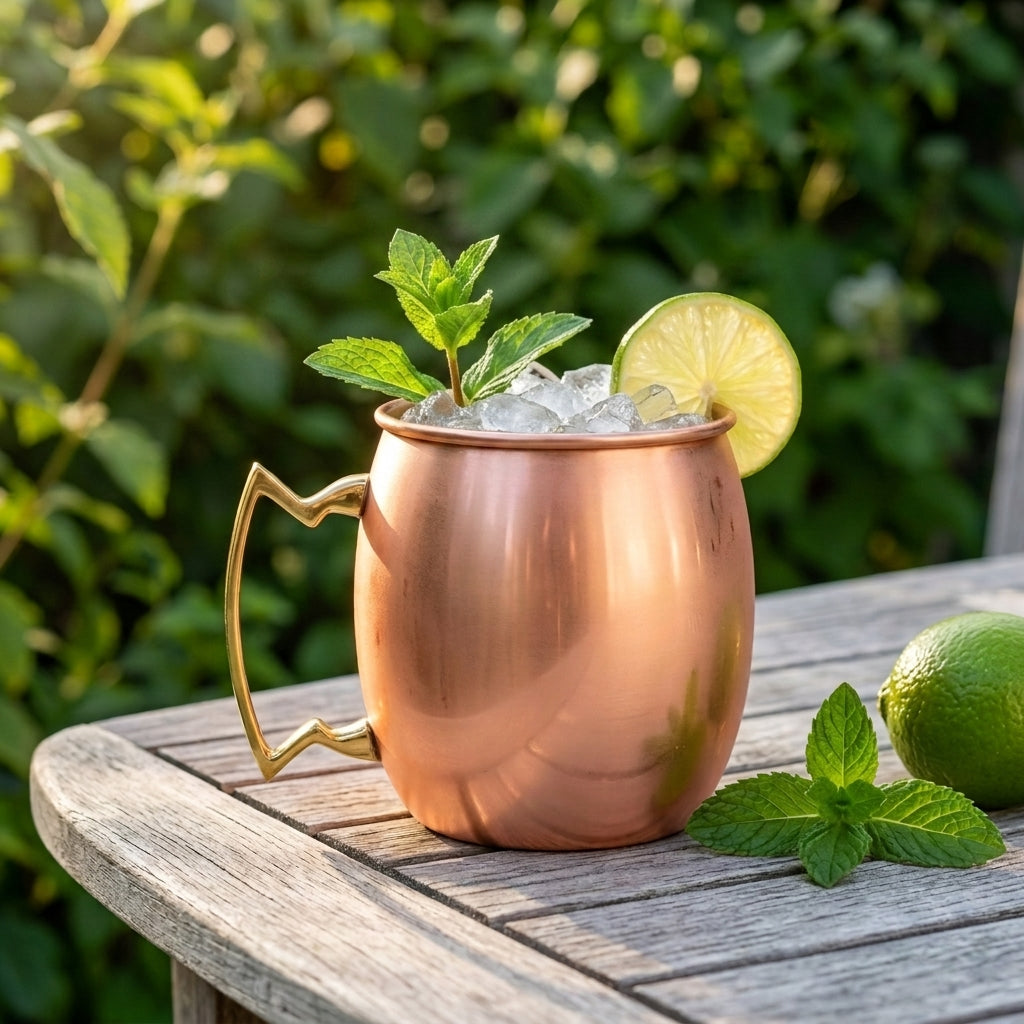 A copper Moscow mule mug with a gold handle sits on a weathered wooden table outdoors, filled with ice, garnished with mint leaves and a lime wheel, with a whole lime nearby and a blurred green garden background.