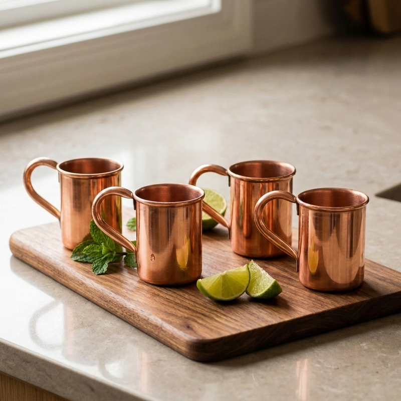 Four mini shot size copper Moscow mule mugs arranged on a wooden serving board with lime wedges and mint leaves, set on a kitchen countertop near a window.