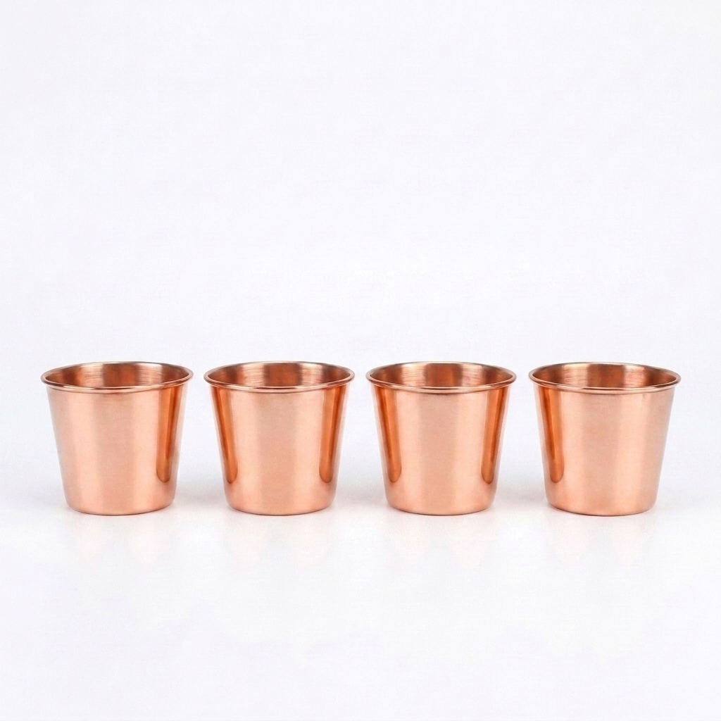 Four small copper-colored metal tumblers lined up in a row on a plain white background.