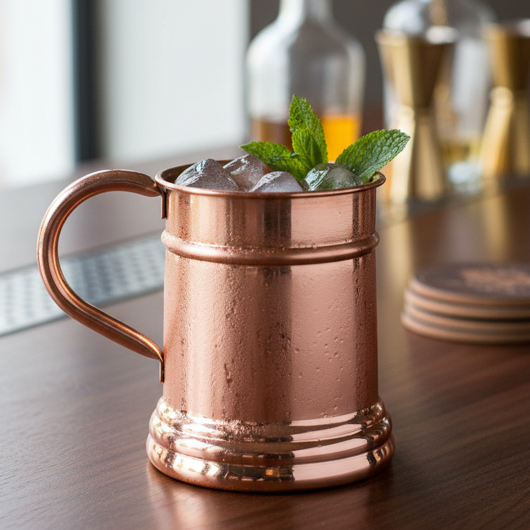 Copper mug with ice and mint leaves on a wooden surface