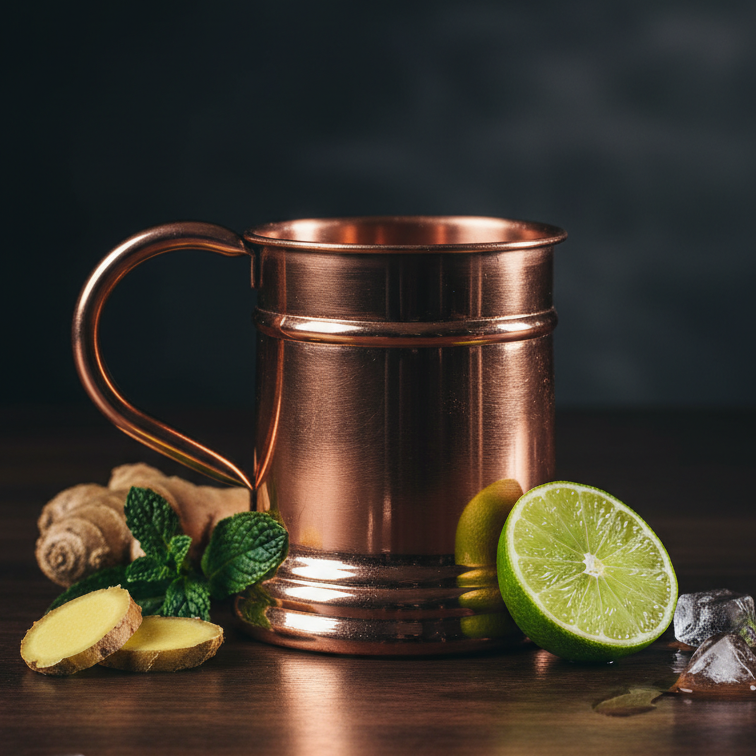 Copper stein mug with ginger, lime, and ice on a dark background