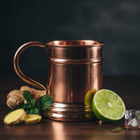 Copper stein mug with ginger, lime, and ice on a dark background