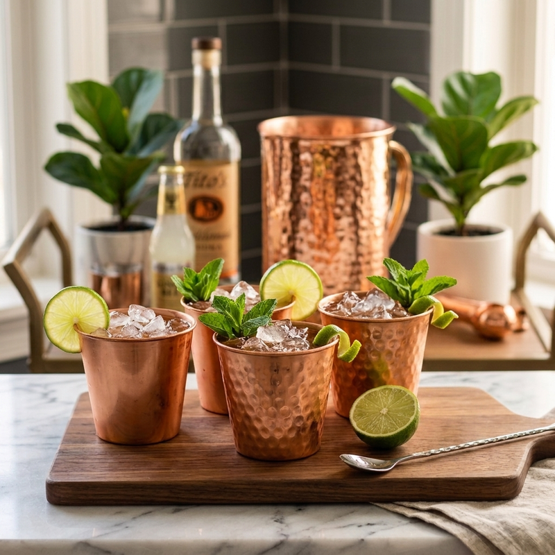 Four hammered copper tumbler cups filled with ice and garnished with lime slices and mint, arranged on a wooden board with a copper pitcher, bottles, plants, and a spoon in a bright indoor setting.