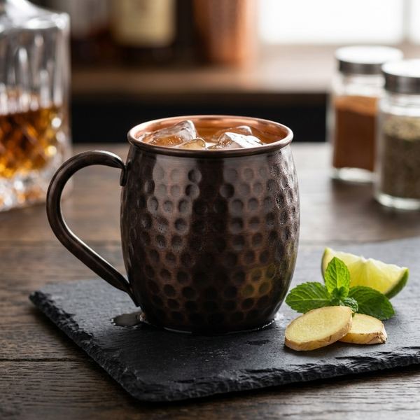 A hammered copper mug with a dark finish filled with iced set on a dark slate coaster. 