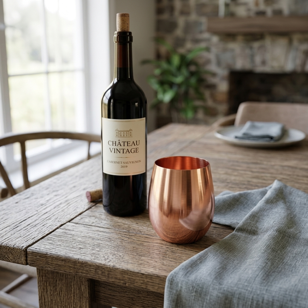 A copper stemless wine tumbler sits on a rustic wooden dining table.