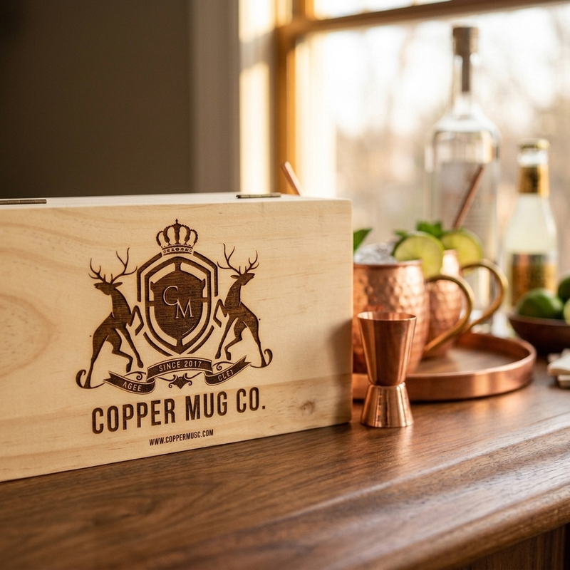 A wooden gift box engraved with the Copper Mug Co. crest and name sits on a wooden table beside copper mugs, a jigger, and limes in a warm, softly lit bar setting.